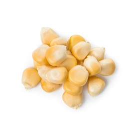 Photo of Pile of tasty fresh corn kernels on white background, top view