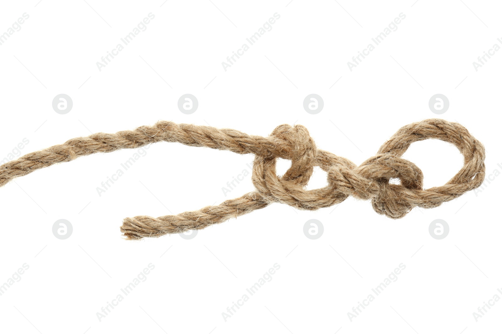 Photo of Hemp rope with knot on white background