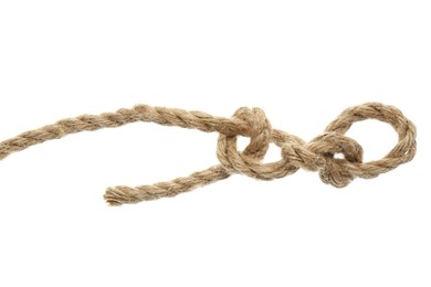 Photo of Hemp rope with knot on white background