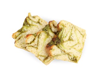 Slices of freshly baked pesto bread isolated on white, top view