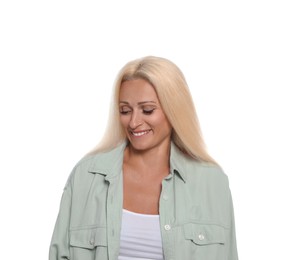 Photo of Embarrassed woman in shirt on white background
