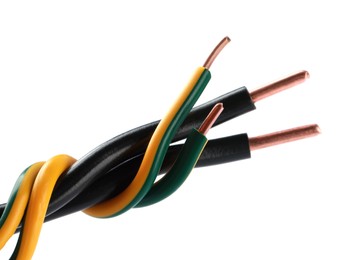 Photo of New colorful electrical wires on white background