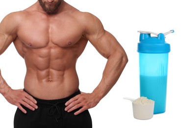 Bodybuilding. Man with muscular torso, protein powder and shaker isolated on white