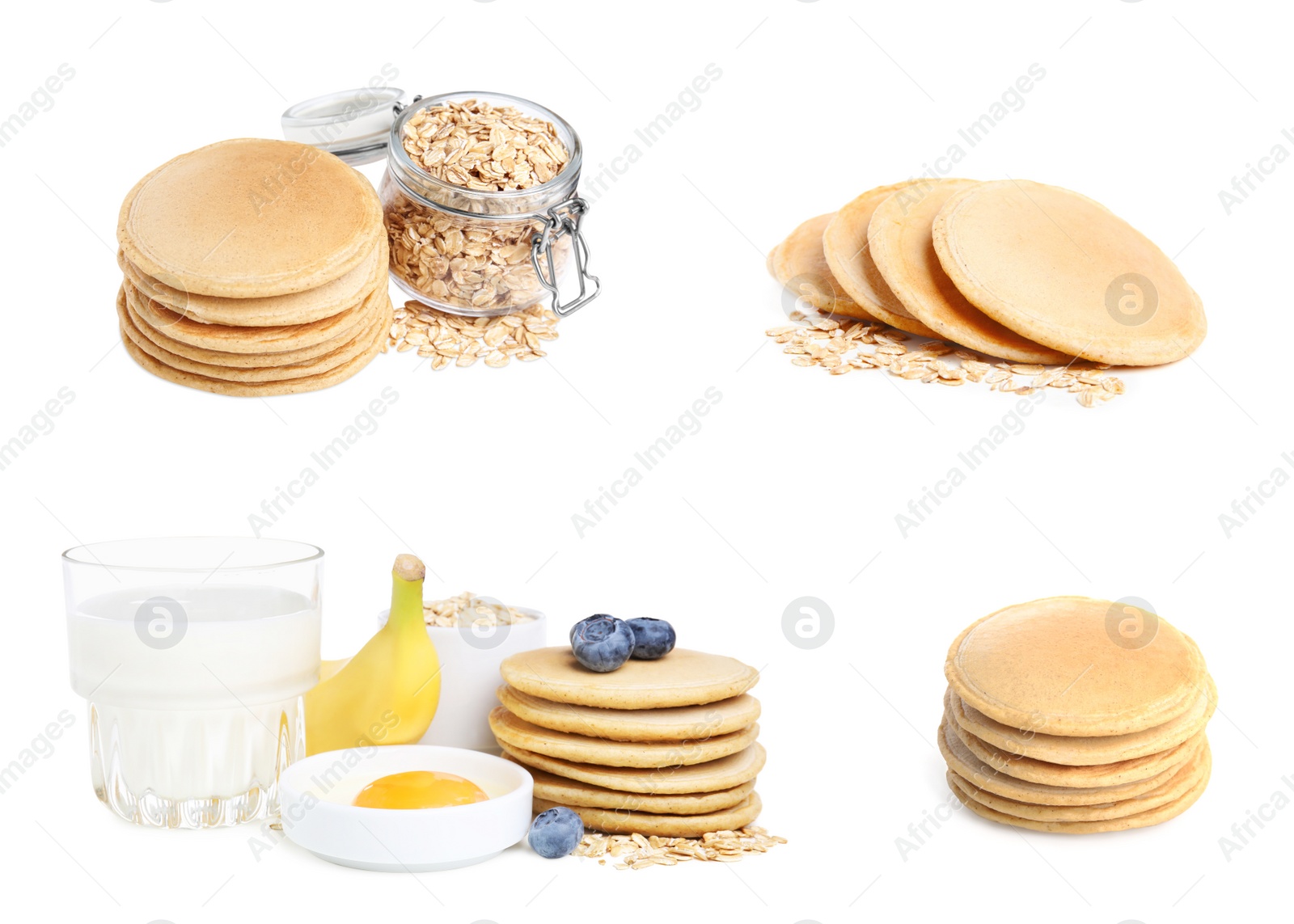 Image of Set with tasty oatmeal pancakes on white background