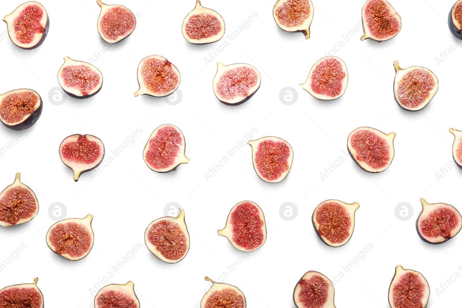 Photo of Cut ripe figs on white background, top view