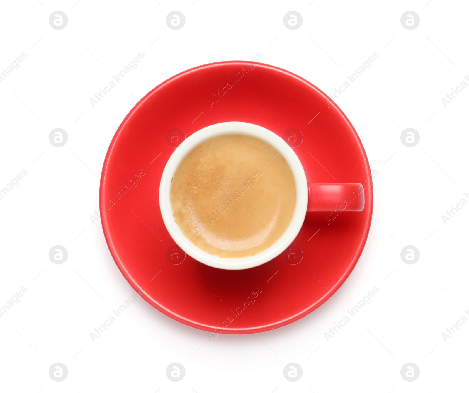 Photo of Aromatic coffee in red cup on white background, top view