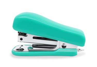 Photo of One new turquoise stapler isolated on white