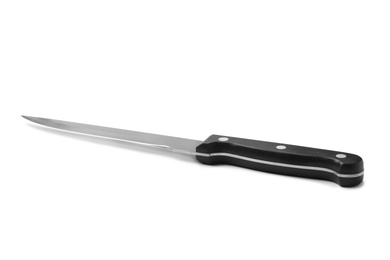 Photo of Sharp fillet knife with black handle isolated on white