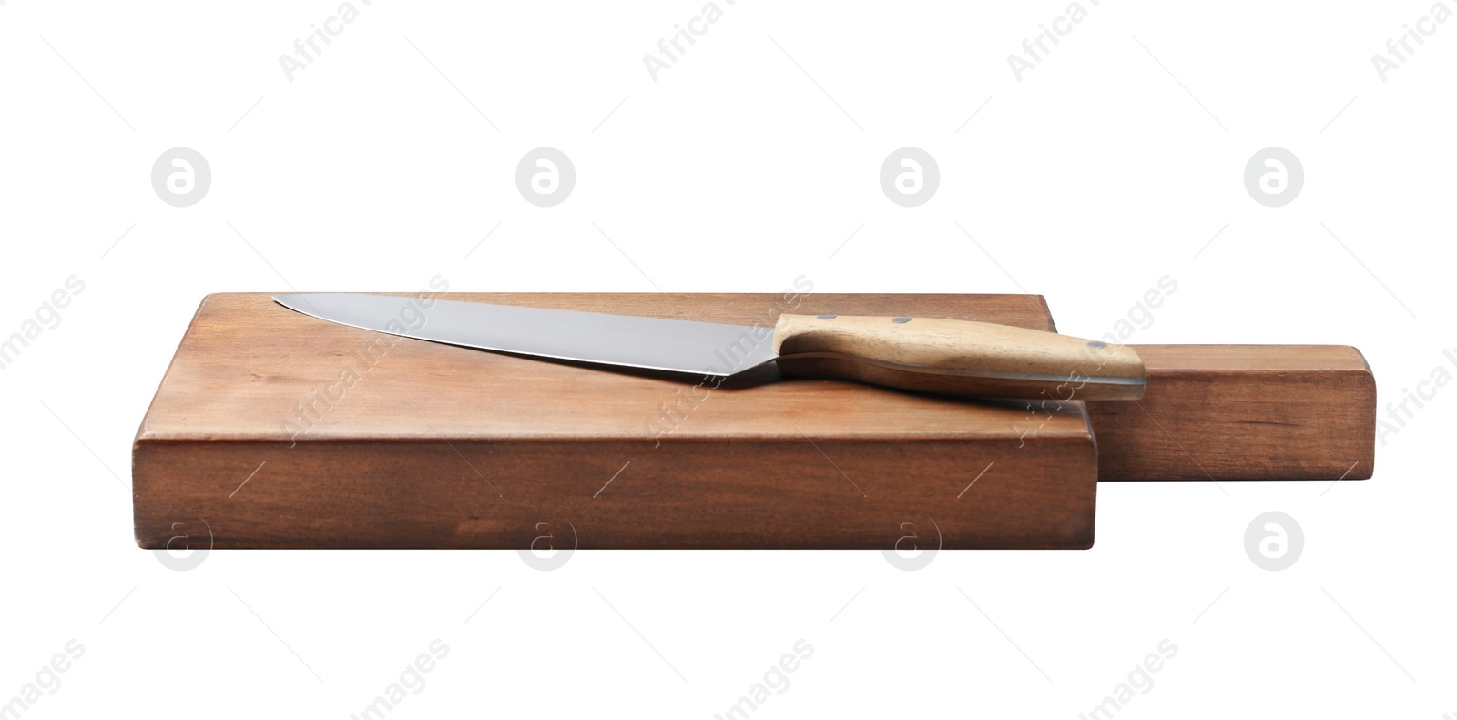 Photo of Stainless steel chef's knife with wooden handle on board against white background