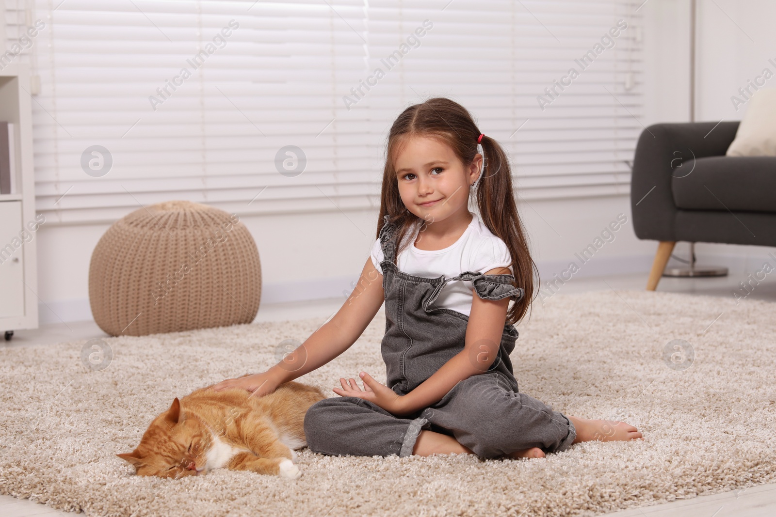 Photo of Smiling little girl petting cute ginger cat on carpet at home