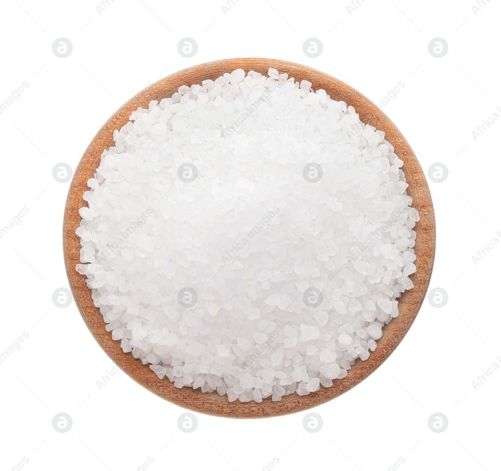 Photo of Wooden bowl with natural salt isolated on white, top view