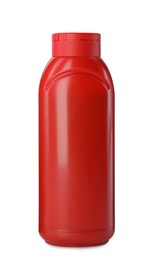 Photo of Red plastic ketchup bottle isolated on white