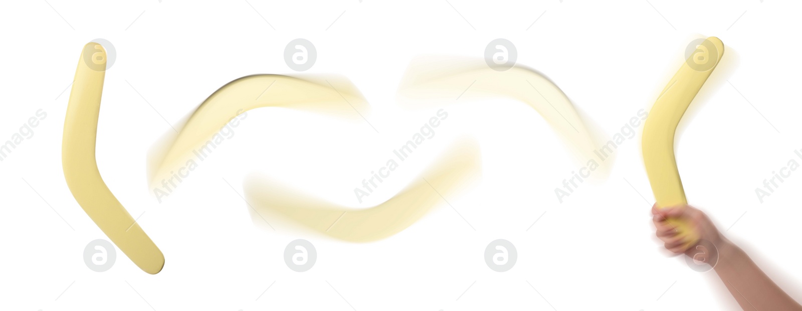 Image of Woman throwing yellow boomerang on white background, closeup. Banner design