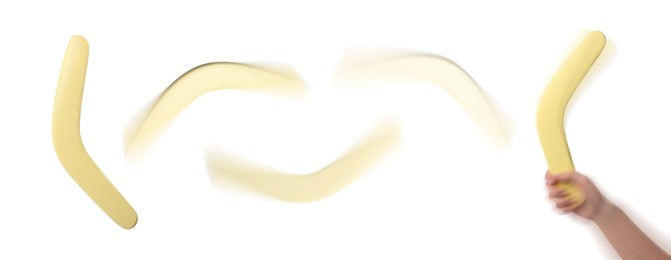 Image of Woman throwing yellow boomerang on white background, closeup. Banner design