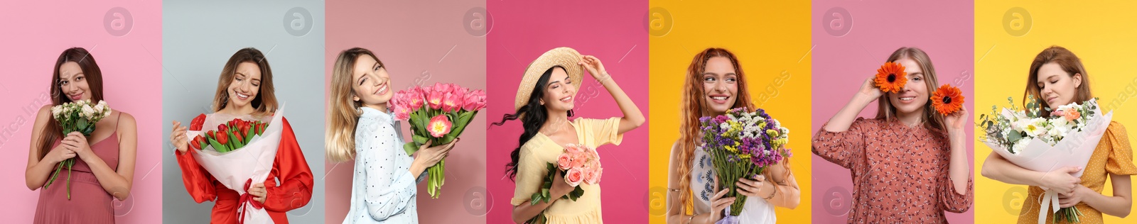 Image of Charming ladies with beautiful flowers on different colors backgrounds, collage. 8 March - Happy Women's Day