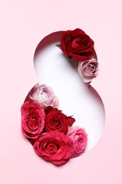 Photo of 8 March greeting card design with roses, top view. Happy International Women's Day