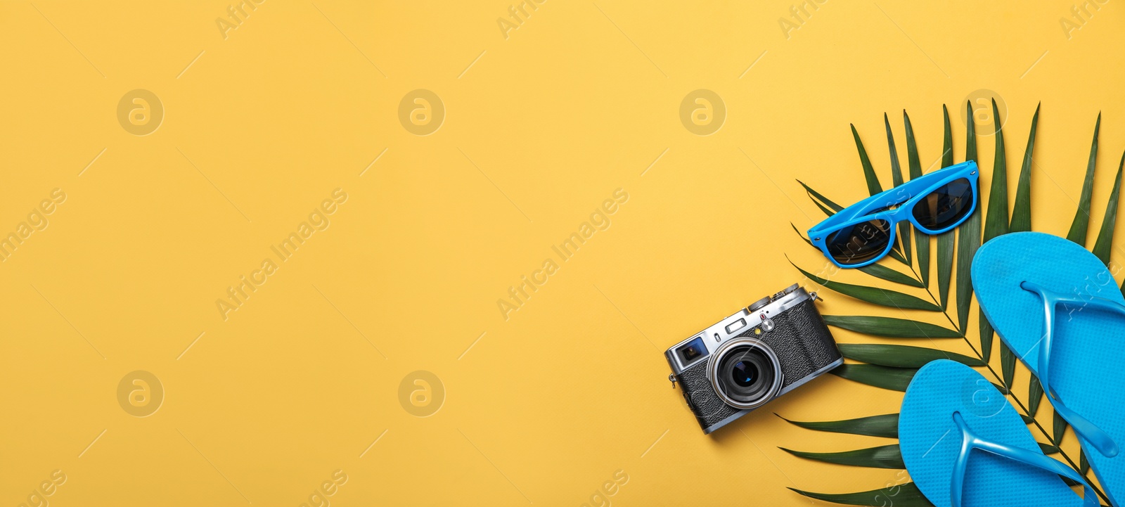 Image of Flat lay composition with collection of beach objects on color background, space for text. Banner design