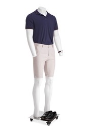 Photo of Male mannequin with accessories dressed in stylish polo shirt and shorts isolated on white