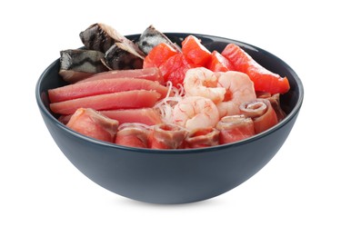 Delicious mackerel, tuna, shrimps and salmon served with funchosa isolated on white. Tasty sashimi dish