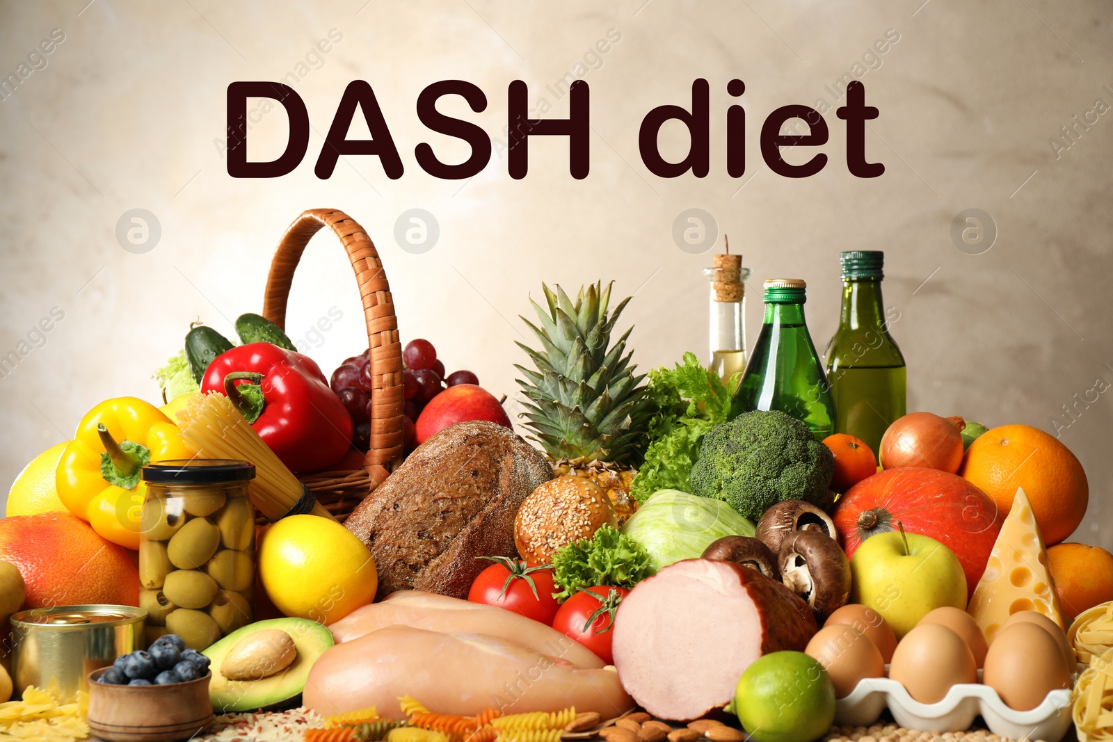 Image of Dash diet (Dietary approaches to stop hypertension). Many different healthy food against beige background