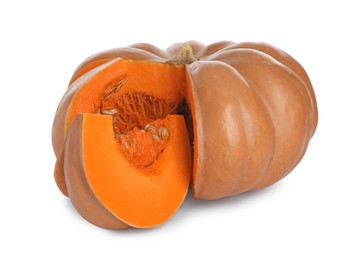 Photo of Sliced fresh ripe pumpkin on white background