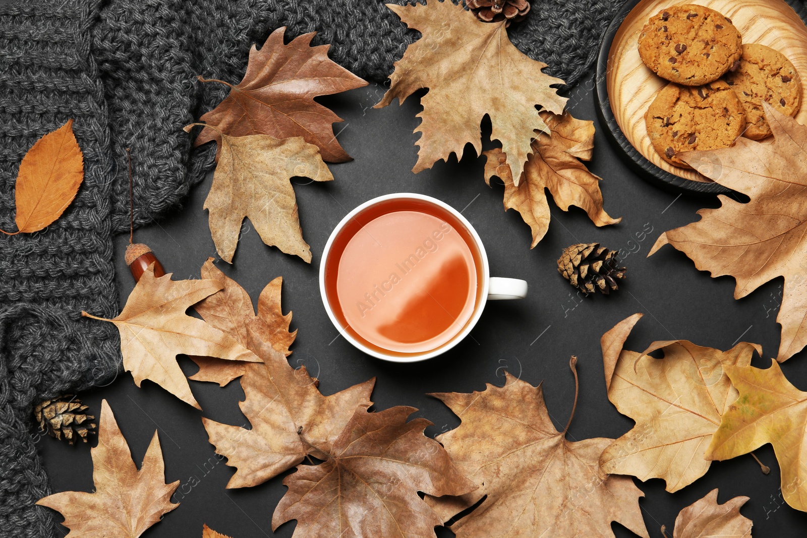 Photo of Flat lay composition with hot cozy drink and autumn leaves on dark background