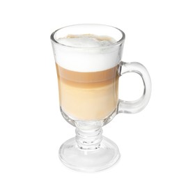 Photo of Glass of delicious latte macchiato on white background