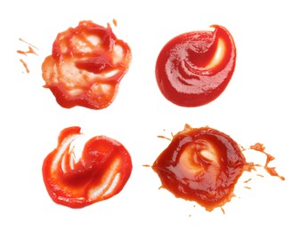 Image of Set of tasty ketchup on white background, top view. Tomato sauce