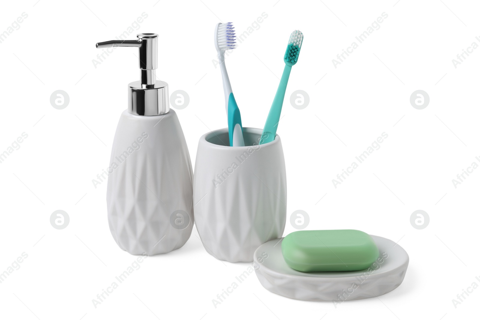 Photo of Bath accessories. Different personal care products isolated on white