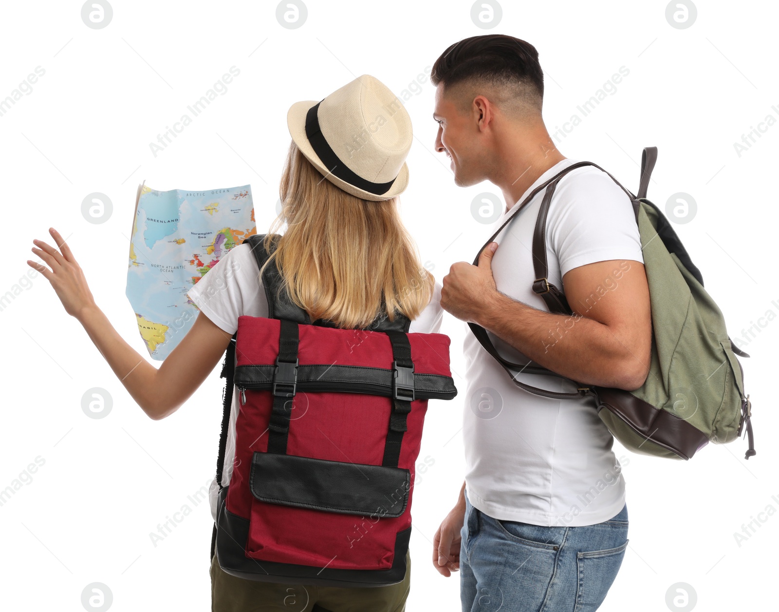 Photo of Couple with map on white background. Summer travel