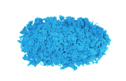 Pile of blue kinetic sand on white background, top view