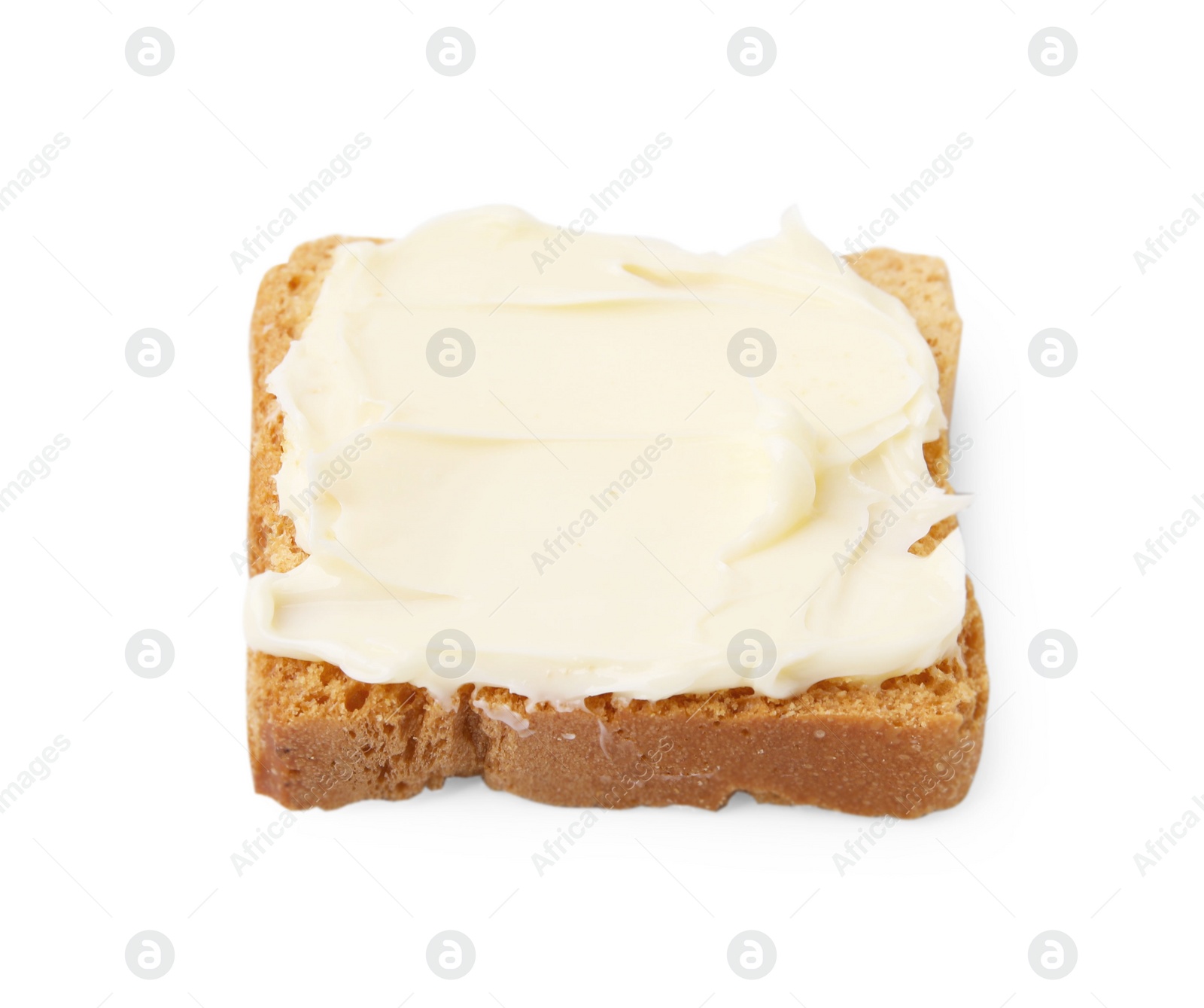 Photo of Slice of dry bread with butter isolated on white