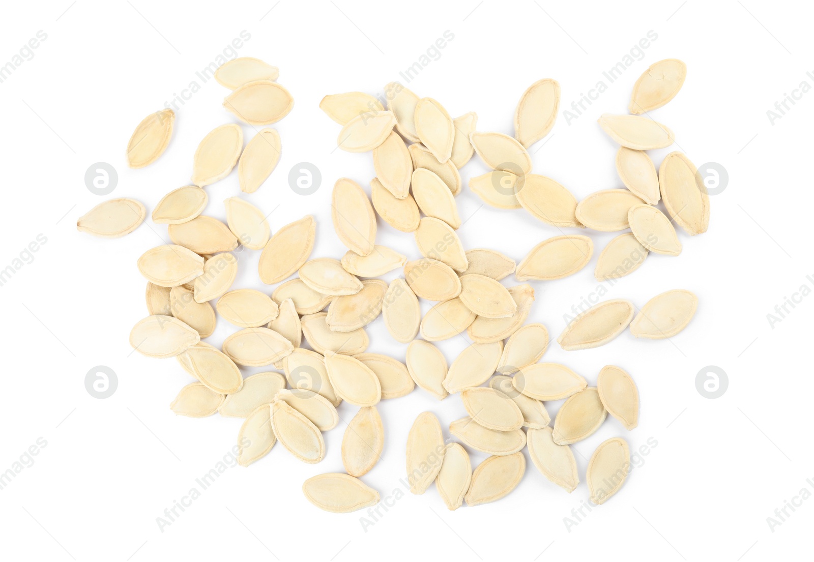 Photo of Raw unpeeled pumpkin seeds on white background, top view