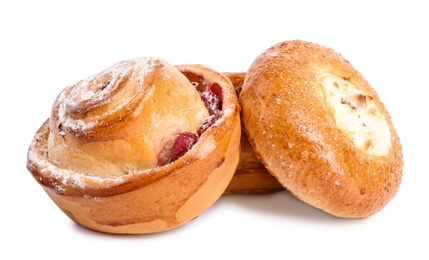 Photo of Different delicious fresh pastries on white background