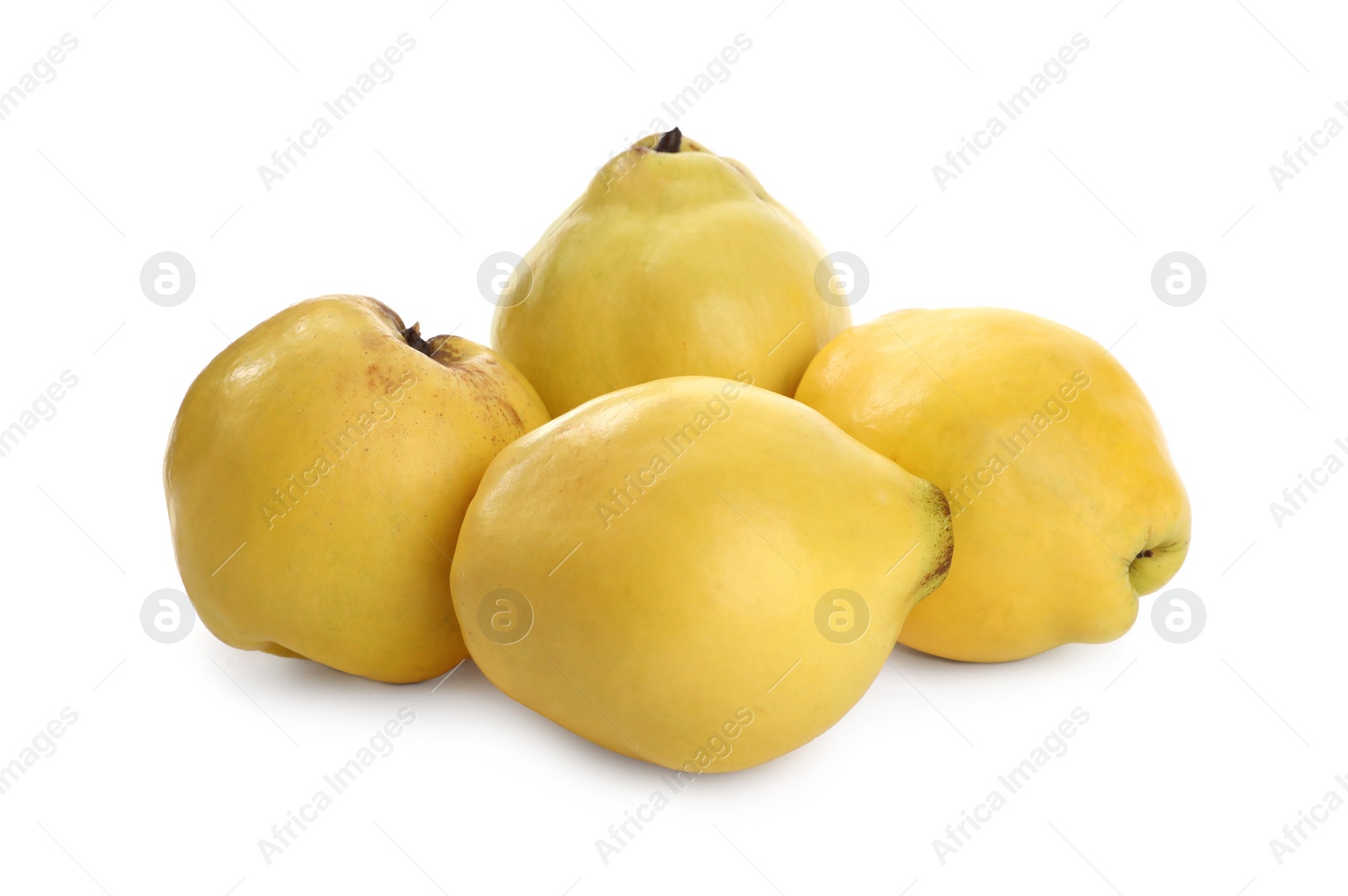 Photo of Delicious ripe fresh quinces on white background, closeup