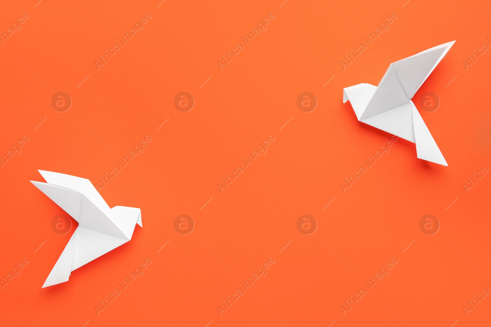 Photo of Beautiful white origami birds on orange background, flat lay. Space for text