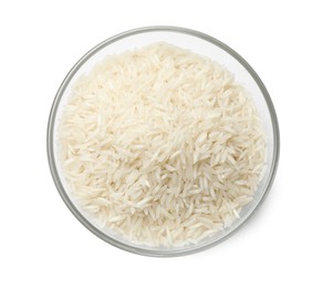 Photo of Raw basmati rice in bowl isolated on white, top view