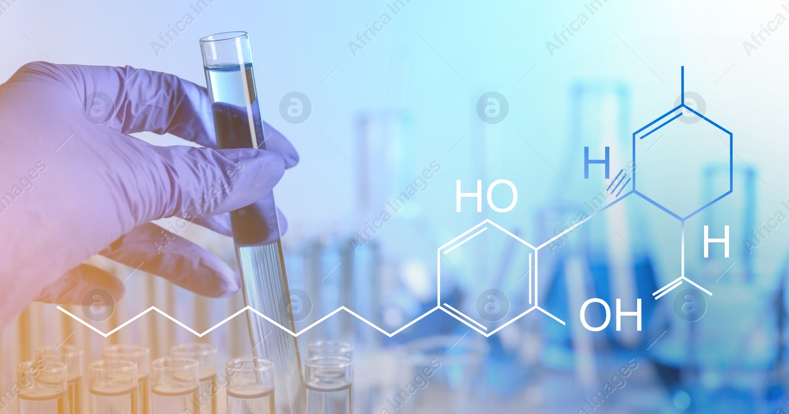 Image of Laboratory worker holding test tube with sample indoors and structural formula of chemical compound, double exposure. Color toned