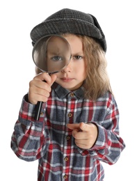 Photo of Cute little child in hat with magnifying glass playing detective on white background