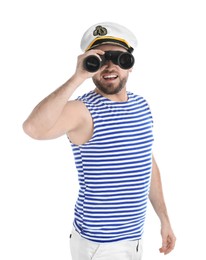 Photo of Happy sailor looking through binoculars on white background