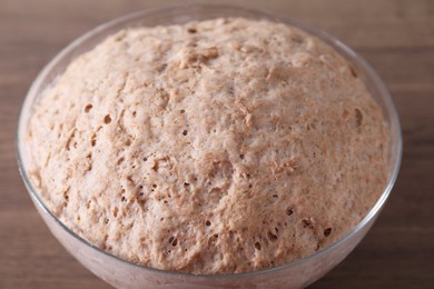 Fresh sourdough in bowl on table, closeup