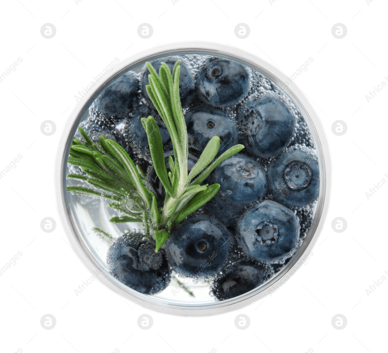 Photo of Glass of refreshing blueberry cocktail with rosemary on white background, top view