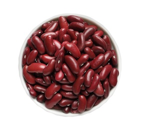 Photo of Bowl with beans on white background, top view. Natural food high in protein