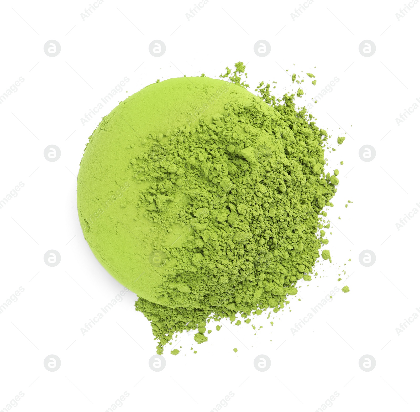 Photo of Pile of green matcha powder isolated on white, top view