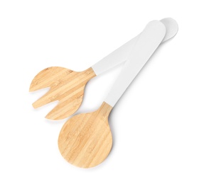 Kitchen utensils made of bamboo on white background, top view