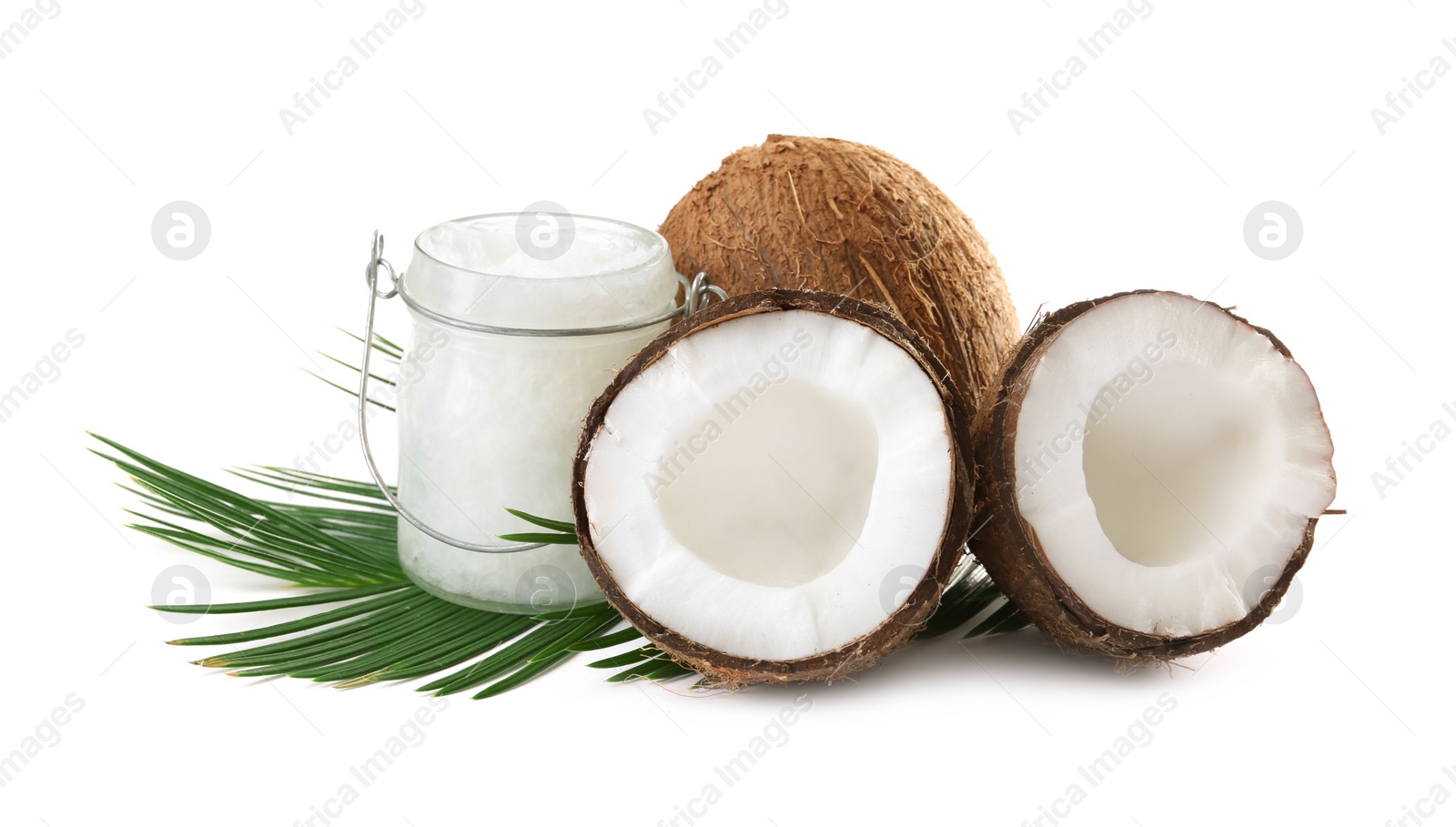 Photo of Composition with organic coconut oil on white background. Healthy cooking