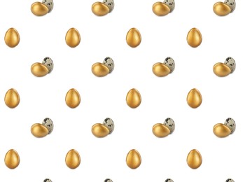 Image of Set with shiny golden eggs and quail ones on white background