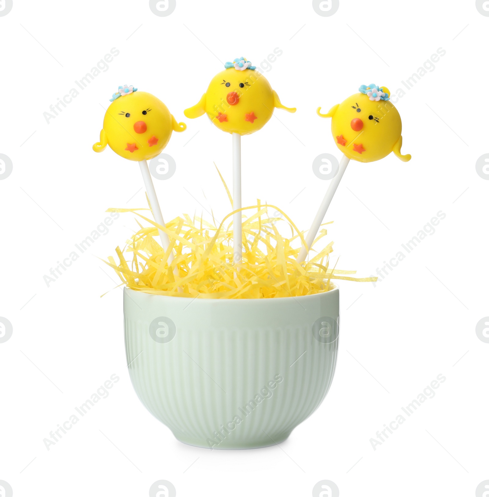 Photo of Delicious sweet cake pops on white background. Easter holiday