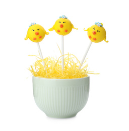 Photo of Delicious sweet cake pops on white background. Easter holiday