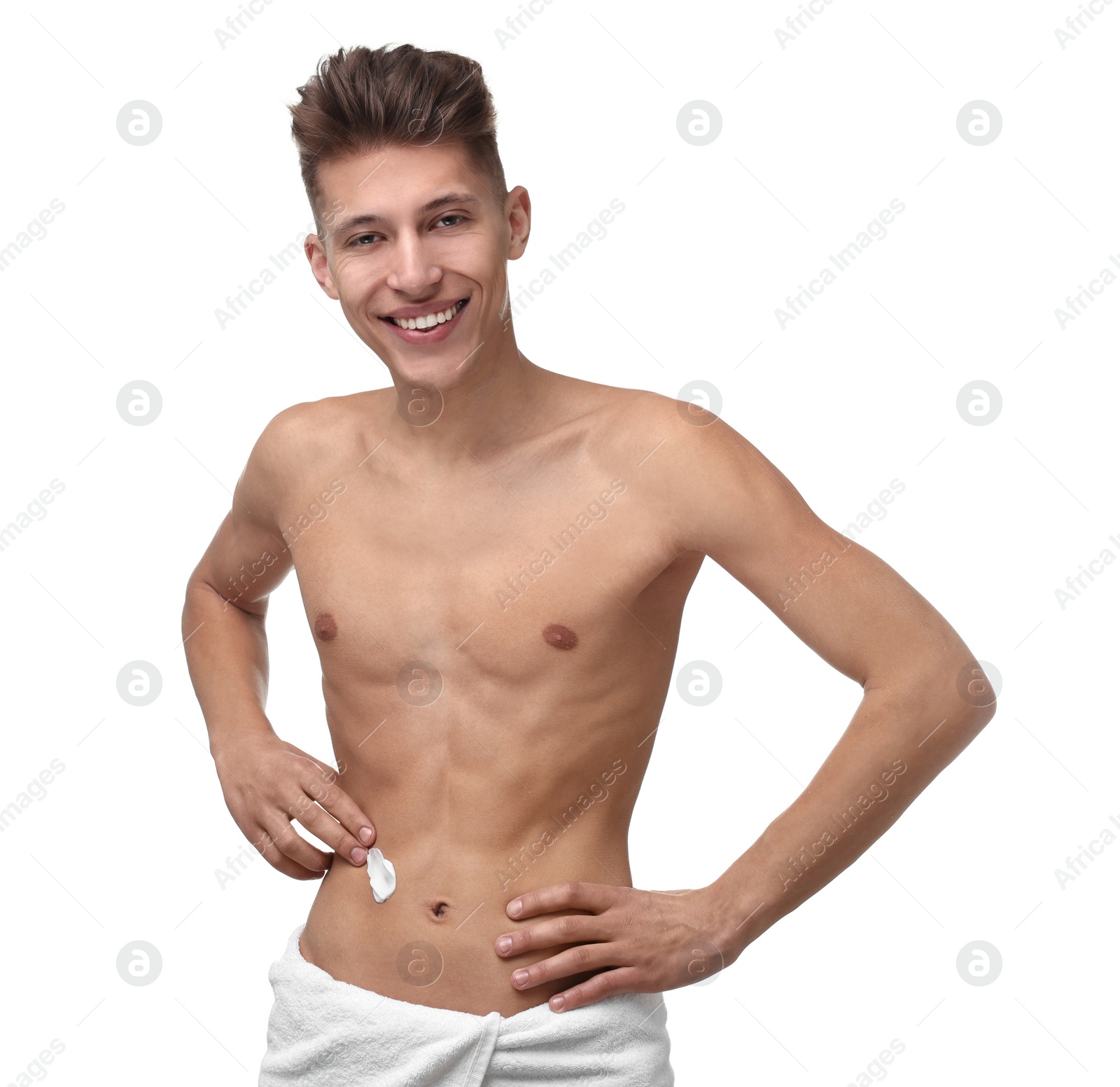 Photo of Handsome man with moisturizing cream on his body against white background